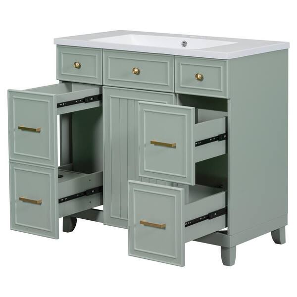 Miscool Ami 36" W Green Freestanding White Resin Top Bathroom Vanity Cabinet With 3 Drawers