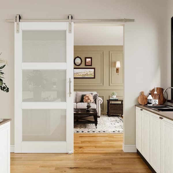 ARK DESIGN 36 in. x 80 in. 3-Lite Frosted Glass White Primed MDF Sliding Barn Door with Hardware Kit Nickel Plated