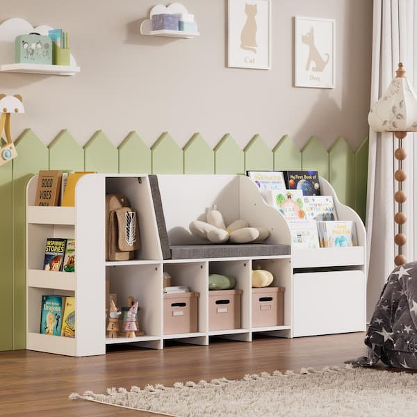 70.9 in. White Kids Storage Bench Reading Nook w/ Reading NookChalkboard 5 Storage Cubbies Seat CushionToy Box on Wheels