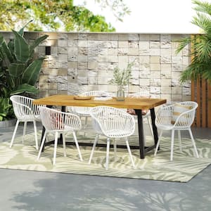 Hina Modern 7-Piece Outdoor Patio Dining Set, Acacia Wood, Polypropylene, White+Teak