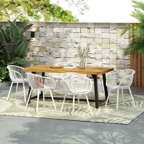 CHRISTOPHER KNIGHT HOME Hina Modern 7-Piece Outdoor Patio Dining Set, Acacia Wood, Polypropylene, White+Teak
