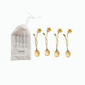 4-Piece Farmhouse Brass Spoons with Flower Handles in Drawstring Bag