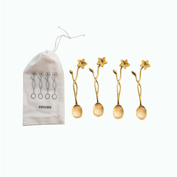 Storied Home 4-Piece Farmhouse Brass Spoons with Flower Handles in Drawstring Bag