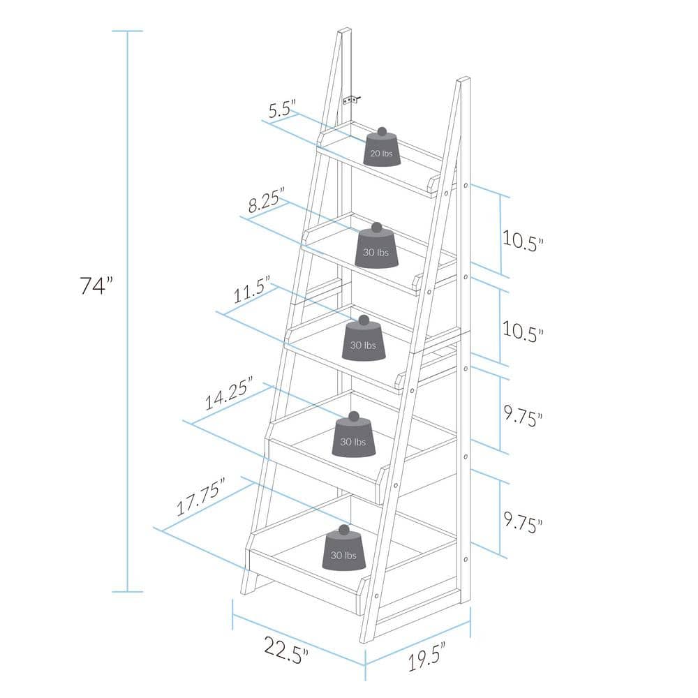 Alpine Gray Solid Wood 5-Shelf Ladder Bookcase