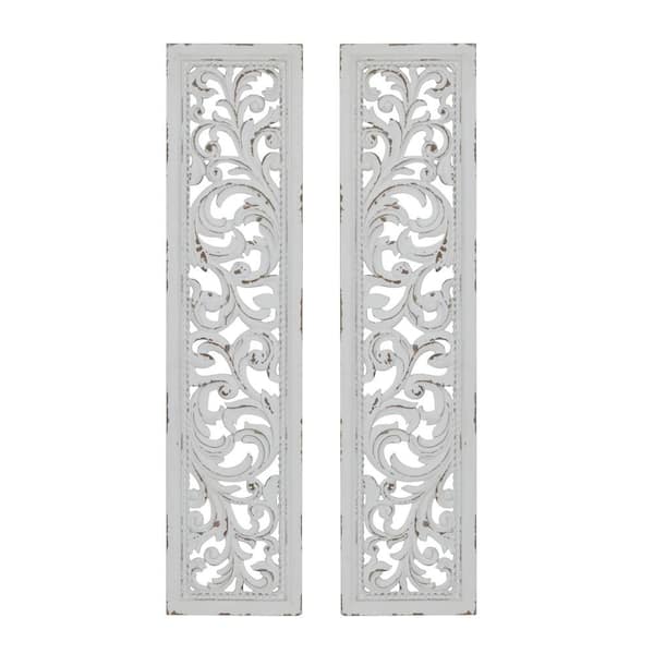 Tall Distressed White Carved Wood Wall Decor Panels, Set Of 2: 12" X 49.5"