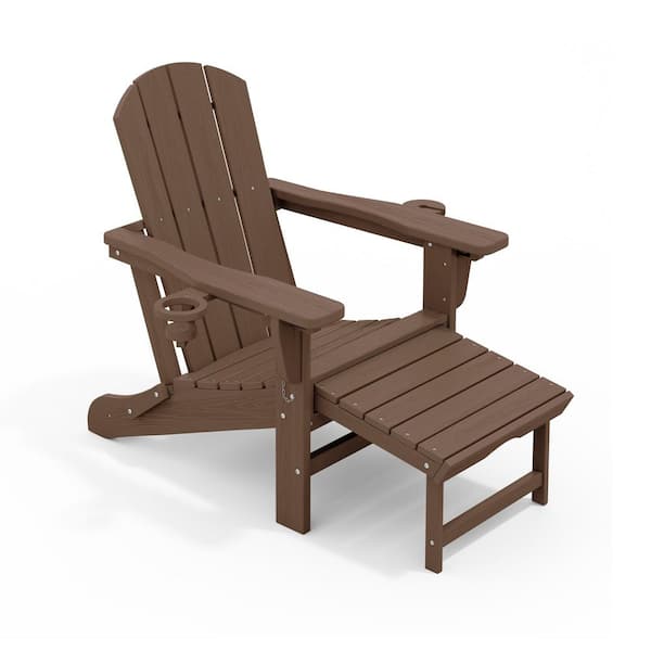 JEAREY 3-Level Adjustable Patio Folding Plastic Adirondack Chair with Retractable Ottoman, Cup and Phone Holders in Brown