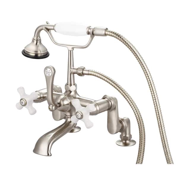 Water Creation 3-Handle Vintage Claw Foot Tub Faucet with Hand Shower and Porcelain Cross Handles in Brushed Nickel