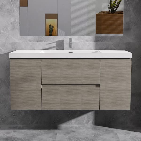 Opvande Alice 48 in. W x 20 in. D x 22 in. H Single Floating Bathroom Vanity in Ash Grey with Solid Surface Sink Top in White