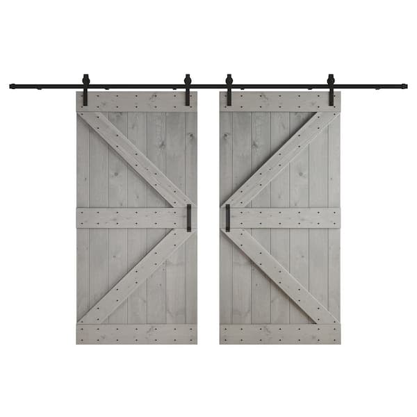 COAST SEQUOIA INC K Series 84 in. x 84 in. Light Grey DIY Knotty Wood Double Sliding Barn Door with Hardware Kit