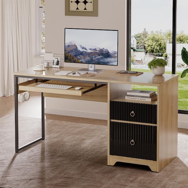Bestier 55 in. Log 2-Drawers Writing Computer Desk with Open and File Storage, Keyboard Tray and Practical Hook