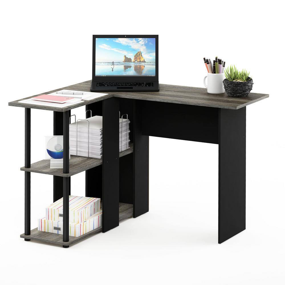 French Oak Grey and Black L-Shaped Writing Desk with Drawer