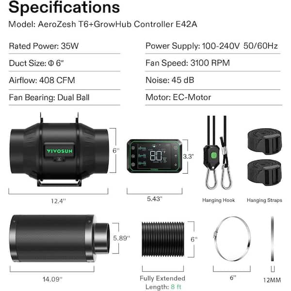 VIVOSUN AeroZesh T6 6 in. Inline Duct Fan Kit with GrowHub E42A 