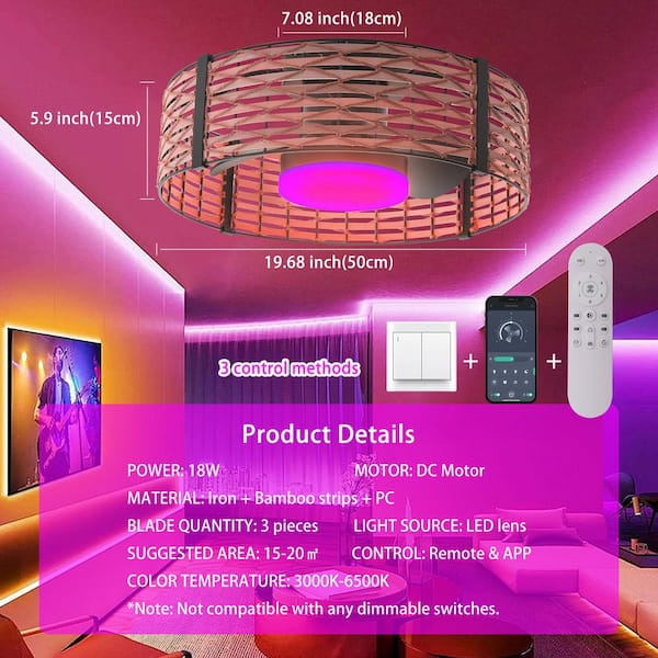 20 in. Bamboo Rattan Boho Caged Ceiling Fan with RGB Dimmable Integrated LED and Remote Included for Bedroom Living Room