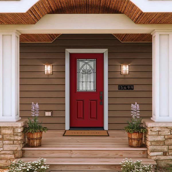 36 in. x 80 in. Left-Hand/Inswing 1/2 Lite Ardsley Decorative Glass Cranberry Red Paint Fiberglass Prehung Front Door