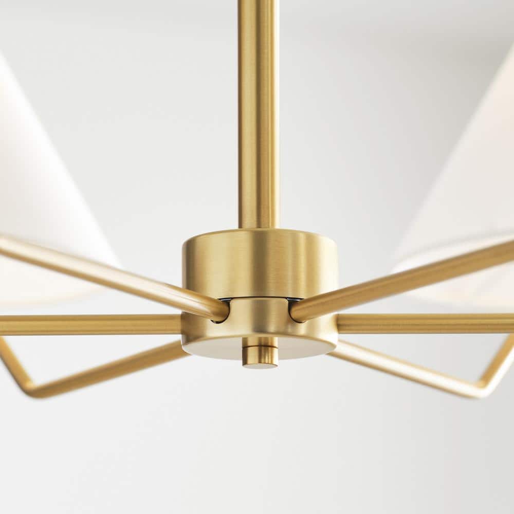Elegant Mid-Century Satin Brass 6-Light Chandelier with White Linen Shade