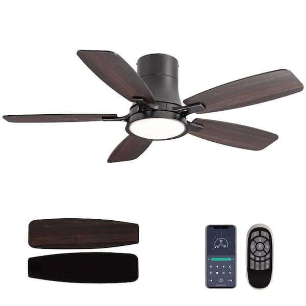 42 in. Modern Smart Indoor Black Flush Mount Ceiling Fan with Dimmable LED Light and APP Remote Control