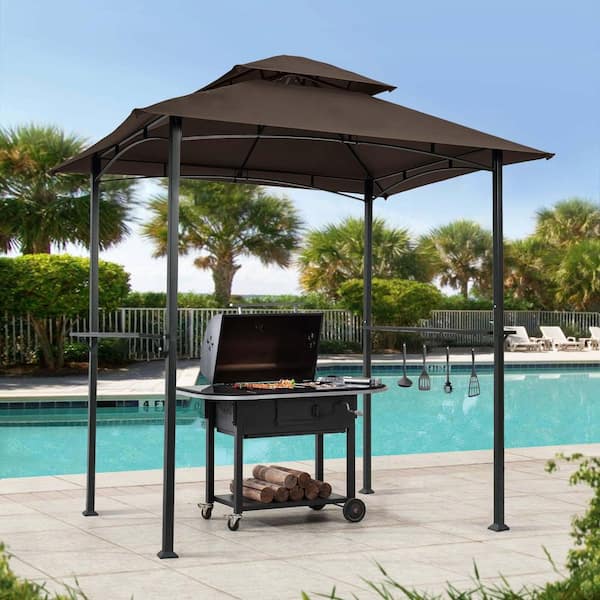 8 ft. x 5 ft. Outdoor Grill Gazebo, Shelter Tent, Double Tier Soft Top Canopy,Steel Frame with hook, Bar Counters, Brown