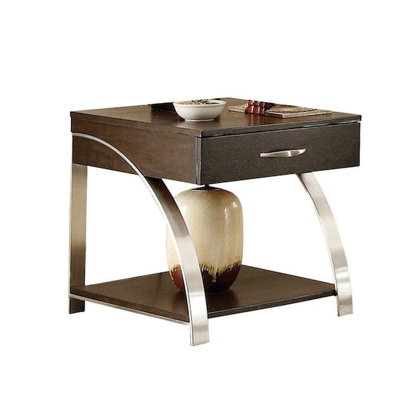 Benjara 26 in. Brown Rectangle Wood End Table with Open Shelf and Stainless Steel Legs