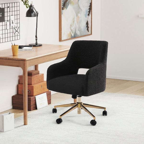 Stain Resistant Boucle Fabric Upholstered Adjustable Height Office Vanity Swivel Task Chair with Wheels in Black