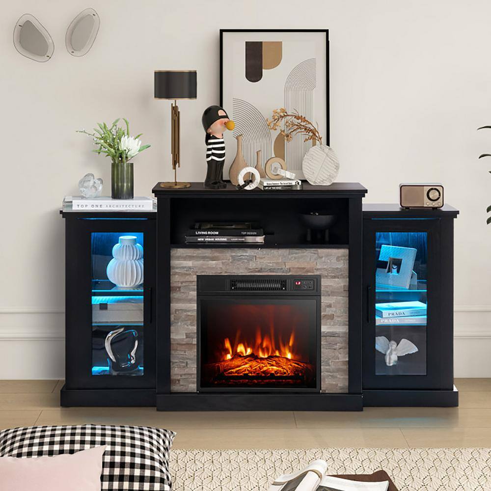 Black MDF TV Stand with Fireplace and LED Lights for 65-inch TVs