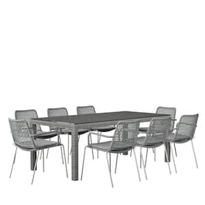 Inmy 9-Piece Wicker Rectangular Outdoor Dining Table Set, Ideal for Outdoors and Indoors, with Grey Cushions