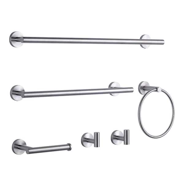 Wall Mounted 6-Piece Bath Hardware Set with Towel Ring, Toilet Paper Holder, Towel hook and Towel Bar in Brushed Nickel