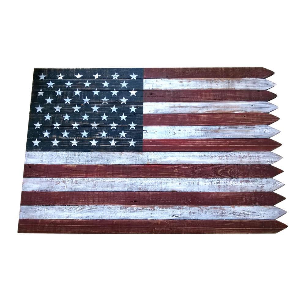 Large Wooden Slatted American Flag 15" x 36" Decorative Flag with Rope 