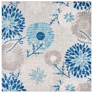 Cabana Gray/Blue 7 ft. x 7 ft. Floral Leaf Indoor/Outdoor Patio  Square Area Rug