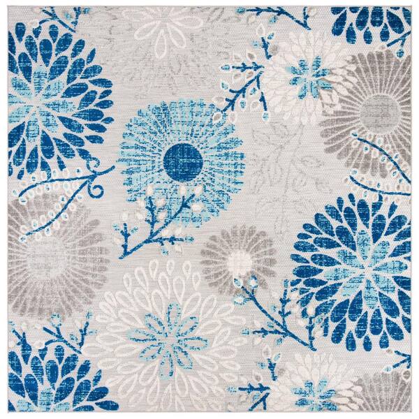 SAFAVIEH Cabana Gray/Blue 8 ft. x 8 ft. Floral Leaf Indoor/Outdoor Square Area Rug