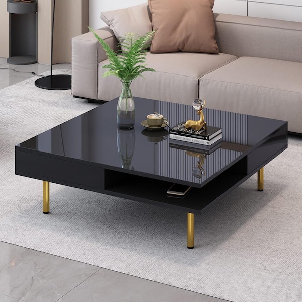 Zeus & Ruta Exquisite High Gloss 2-Tier Black Square Coffee Table with 4 Golden Legs, 2 Small Drawers for Living Room