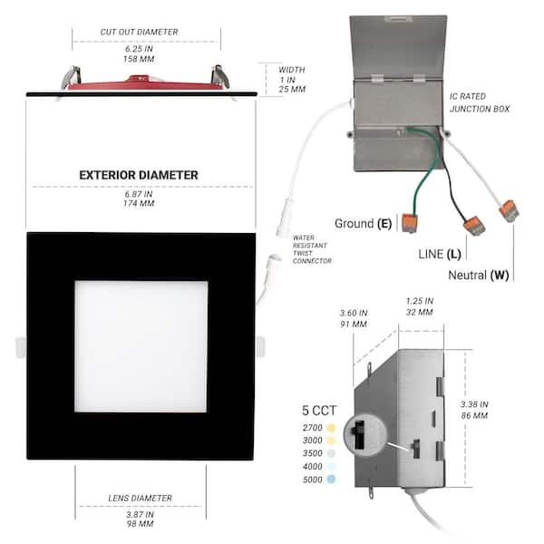 NuWatt 6 in. Black Square 2HR Fire Rated Canless 5CCT Select New