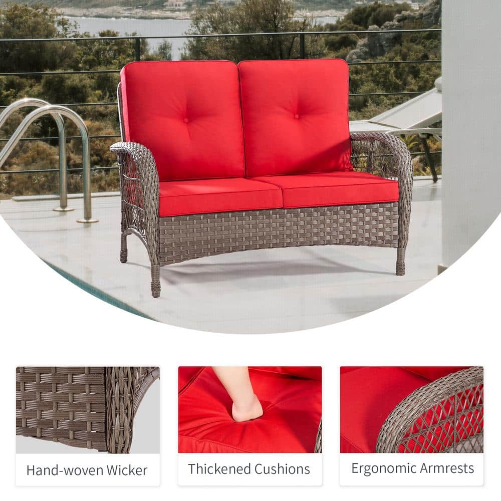 Red Cushioned Wicker Loveseat and Table Set with Black Iron Frame
