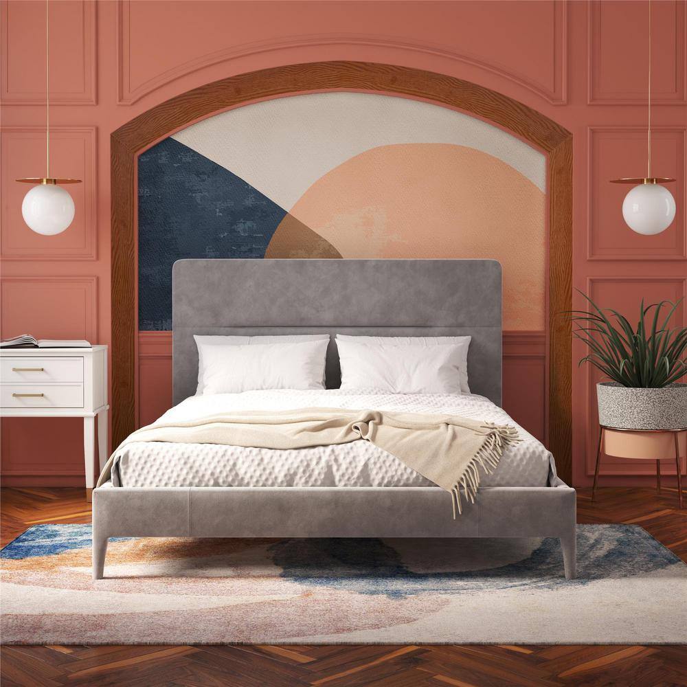 Full Light Gray Velvet Upholstered Platform Bed with Tufted Headboard