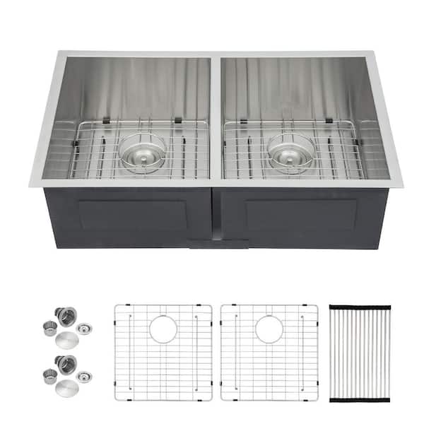 Logmey 18-Gauge Stainless Steel 33 in. Double Bowl Undermount Rectangular Kitchen Sink