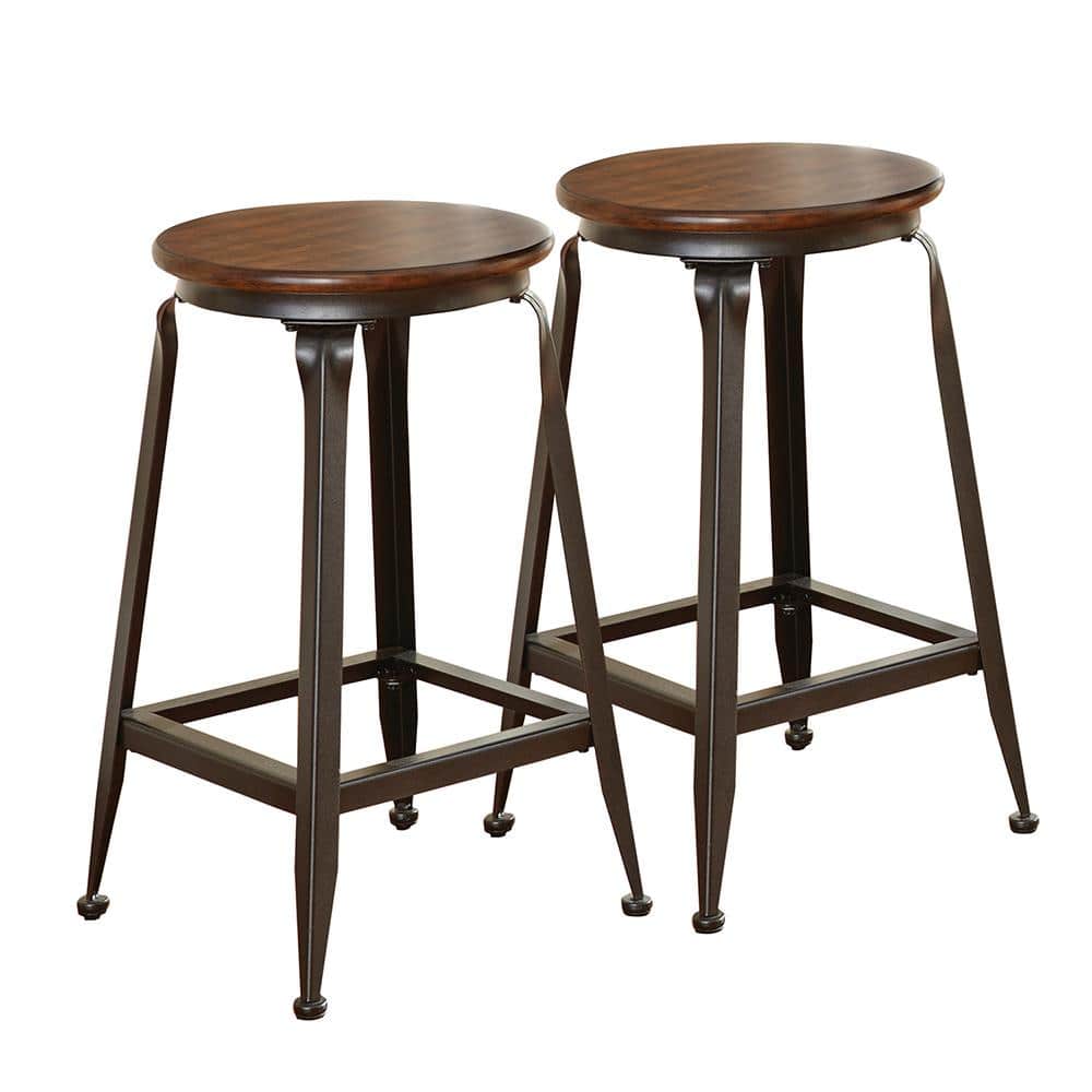 Set of 2 Industrial Birch & Metal 24" Brown Counter Stools