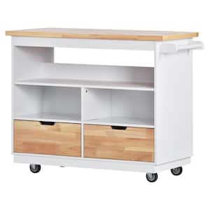 White Solid Wood 43 in. Kitchen Island on Wheels, Kitchen Cart with 2-Drawers, Wine Rack and Towel Bar
