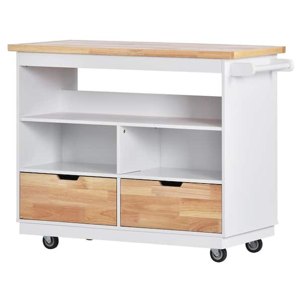 Tileon White Solid Wood 43 in. Kitchen Island on Wheels, Kitchen Cart ...