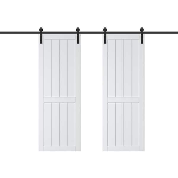 ARK DESIGN 60 in. x 84 in. White Paneled H Style White Primed MDF Sliding Barn Door with Hardware Kit