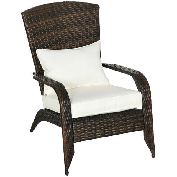 SUNMTHINK Brown Wicker Outdoor Woven Rattan Garden Chair Lounge Chair with White Cushions