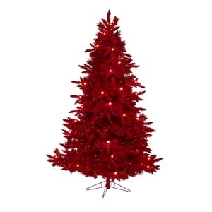 7 ft. Red Pre-Lit Flocked Fraser Fir Artificial Christmas Tree with 500 Red Lights, 40 Globe Bulbs