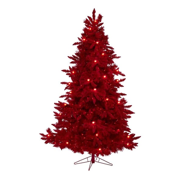 Nearly Natural 7 ft. Red Pre-Lit Flocked Fraser Fir Artificial Christmas Tree with 500 Red Lights, 40 Globe Bulbs