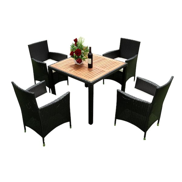 Angel Sar 5-Piece Wicker Outdoor Dining Set with Acacia Wood Top and Creme Cushion for Garden