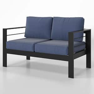 Black Metal Aluminum Frame Outdoor Loveseat with Thick and Soft Cushion Blue