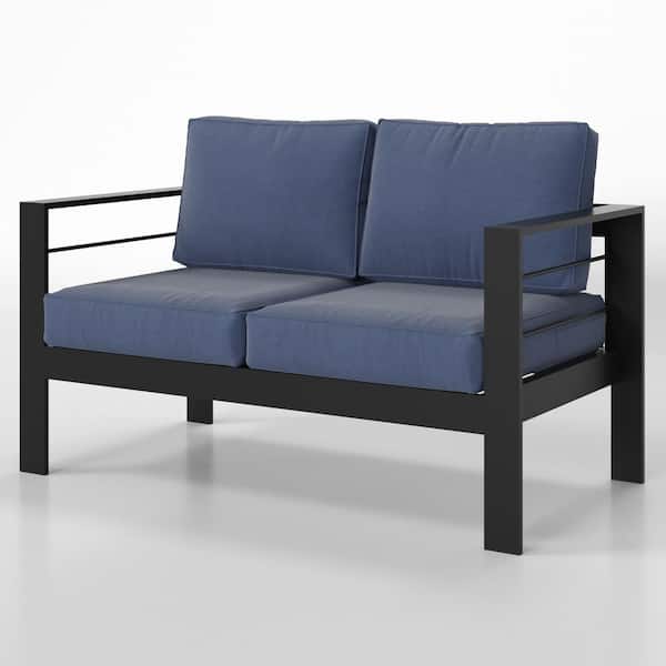 ITOPFOX Black Metal Aluminum Frame Outdoor Loveseat with Thick and Soft Cushion Blue