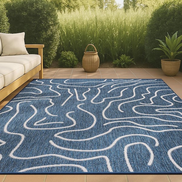 Nolan Modern Coastal Organic Shapes Navy/Cream 3 ft. x 5 ft. Indoor/Outdoor Area Rug