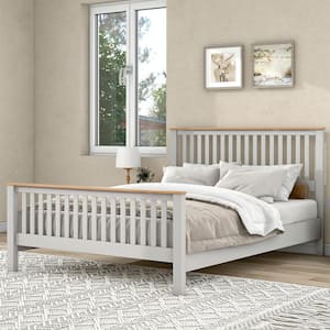 Queen Size Country Gray Solid Platform Bed with Oak Wood Headboard and Footboard
