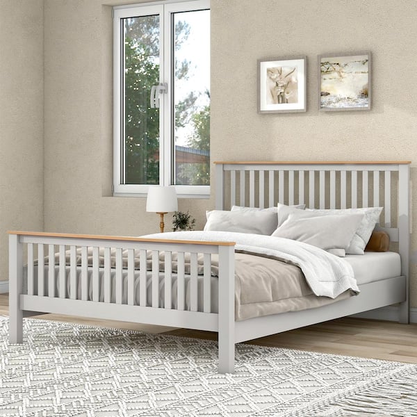 Magic Home Queen Size Country Gray Solid Platform Bed with Oak Wood Headboard and Footboard