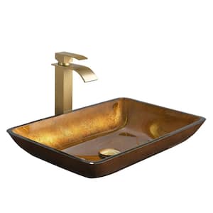 Glass Rectangular Vessel Bathroom Sink in Gold Set with gold Faucet and gold Pop Up Drain