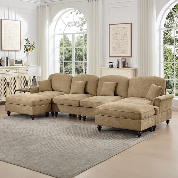 Fair 137.8 in. Flared Arms Chenille U-Shaped Sectional Sofa in Brown, Removable Ruffles Pleats Skirts, 2 Ottomans,Coffee