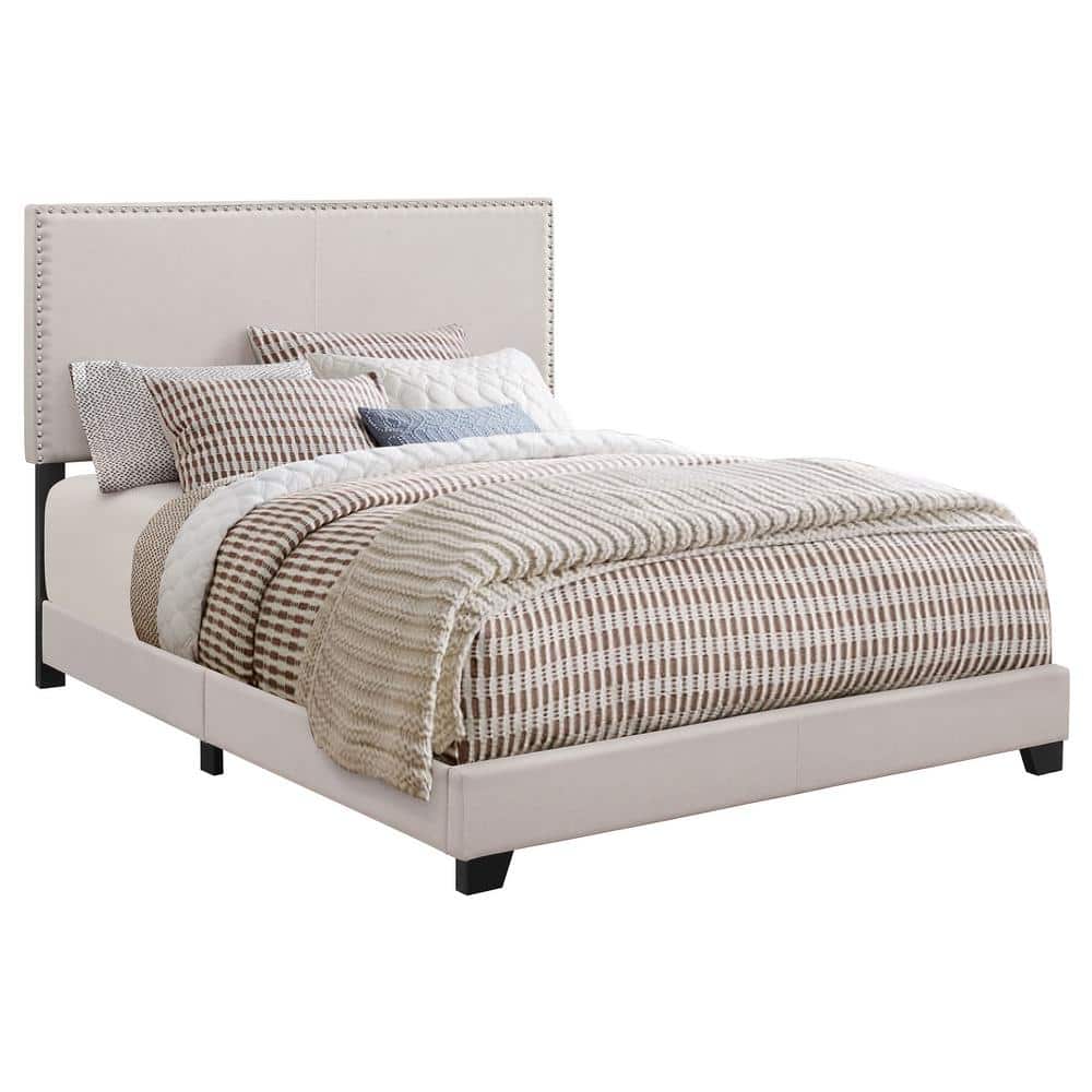 Ivory King Upholstered Wood Frame Bed with Nailhead Trim